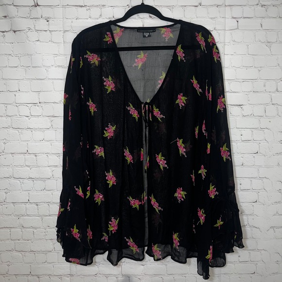 American Angel II Sweaters - American Angel II Black Floral Sheer Kimono Cardigan Bell Sleeve Tie Front 3X